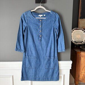 Fat Face UK Chambray Denim Mini Shift Dress Pockets 3/4 Sleeve Size 2